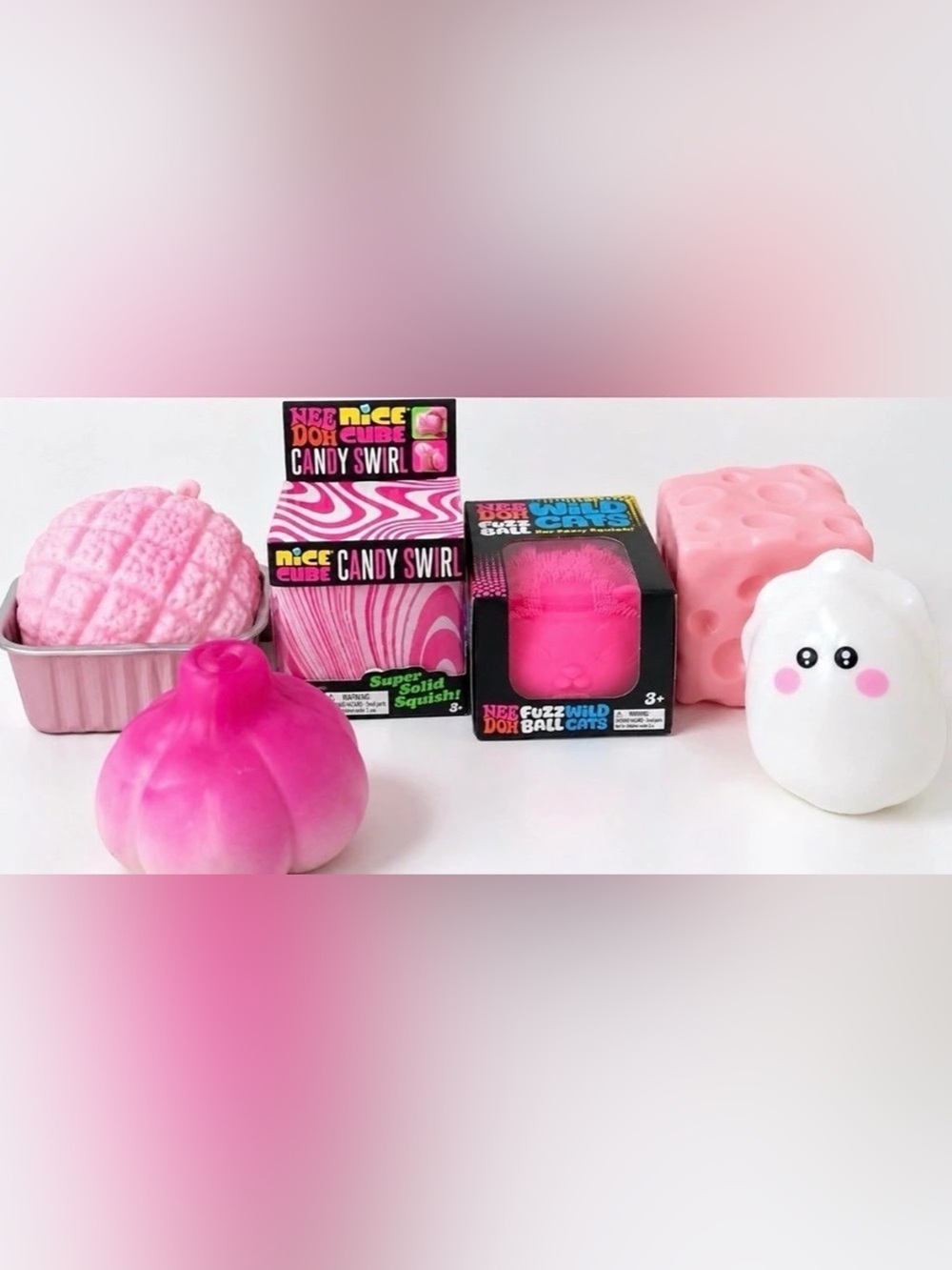 Schylling NeeDoh Nice Cube Candy Swirl Pink & White & Wildcat & crunchy pink squ